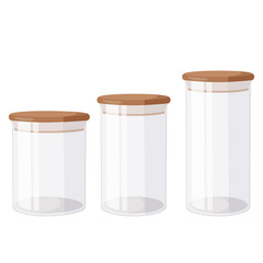 Glass jars with airtight seal wood lids. Kitchen goods collection.