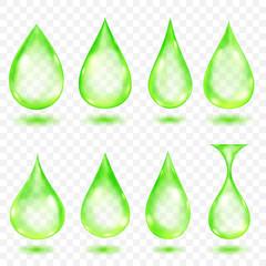 Set of translucent water drops in light green colors in various shapes, isolated on transparent background. Transparency only in vector format