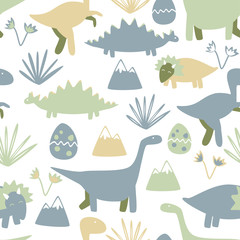 Naklejka premium Cute seamless pattern with dinosaurs. Kids simple background.