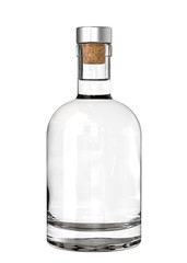 Clear White Glass Whiskey, Vodka, Gin, Rum, Tincture, Moonshine or Tequila Bottle with Metal Cap. 3D Render Isolated on White.
