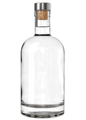 Clear White Glass Whiskey, Vodka, Gin, Wine, Tincture, Moonshine or Tequila Bottle with Metallic Cap. 3D Render Isolated on White with.