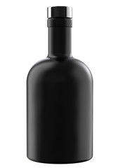 Matte Black Glass Whiskey, Vodka, Gin, Rum, Tincture, Moonshine or Tequila Bottle with Metal Cap. 3D Render Isolated on White.