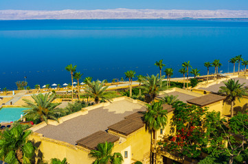 Dead Sea, Jordan - May 22, 2011: Vintage photos from archive. Hotel is located on shores of Dead...