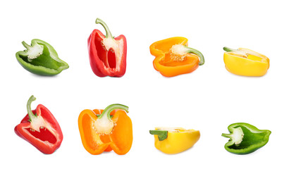 Set of different ripe bell peppers on white background