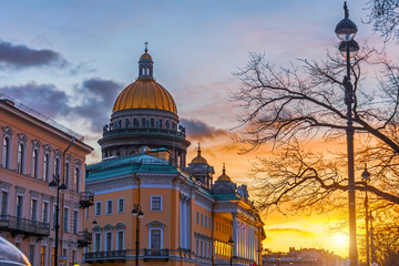 St. Isaac's Cathedral, street view and evening light during winter sunset.