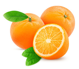 Two orange fruit and one cut in half, with leaf