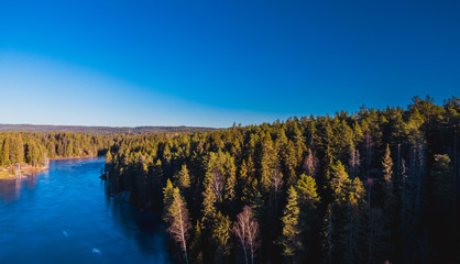 Widok z lotu ptaka na zamarznięte jezioro po środku Skandynawskiego lasu