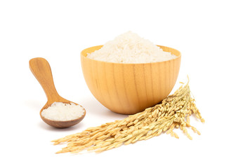 White Jasmine rice and paddy rice in wooden bowl and unmilled rice with Ear of rice isolated on white background