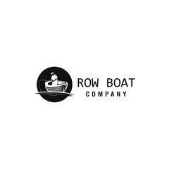 Wooden Boat. Man & Fishing. Row Boat logo design. Vector Illustration