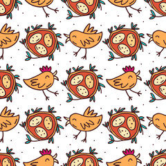 Cute funny birds with nest and eggs vector doodle hand drawn seamless pattern, texture, background, backdrop. Children pattern, illustration, design, art. Summer, spring time. Cartoon animals pattern.