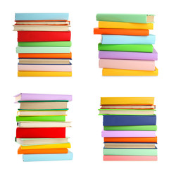 Set of different bright hardcover books on white background