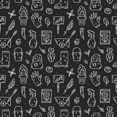 Gardening vector doodle line art seamless pattern, texture, background. Chalk design elements on dark background. Gardening tools, plants, herbs, leaves, gardening clothes icons together.