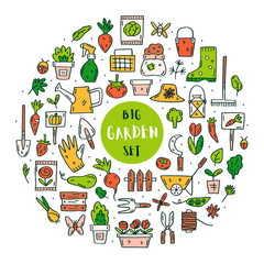 Gardening vector doodle line art clip art, set of elements, stickers, icons. Isolated on white background. Colorful design elements. Gardening tools, plants, leaves, gardening clothes.