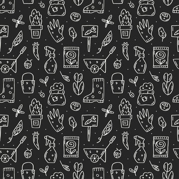 Gardening vector doodle line art seamless pattern, texture, background. Chalk design elements on dark background. Gardening tools, plants, herbs, leaves, gardening clothes icons together.