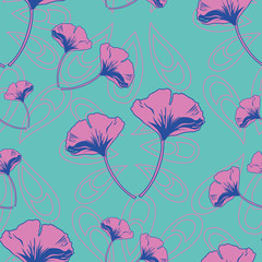 Vector seamless pattern ginko wax with pink and purple ginkgo leaves with pink arabesques