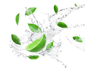 Fototapeta na wymiar Ripe lime, fresh mint and splashing water on white background