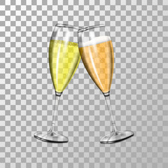Two realistic glasses of champagne  with air bubbles, glass of champagne with foam on an isolated background, realistic vector illustration
