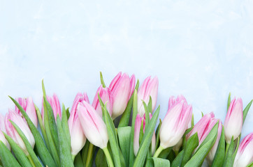 Tulips flowers on blue abstract background. Flat lay, top view. Lovely greeting card with tulips for Mothers day, wedding or happy event - Image.