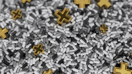 Heap of medicine tablets. Background made from pills or capsules in white and gray colors with medical sign in shape of cross made by gold. 3d illustration
