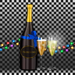 Realistic champagne bottle with a beautiful blue bow, color garland and two transparent glass of champagne on an isolated background, realistic vector illustration