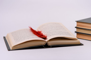 Open book with a bookmark on a white background.