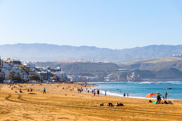 Las Canteras Beach (Playa de Las Canteras) in Las Palmas de Gran Canaria, Canary island, Spain. 3 km stretch of golden sand is the heart and soul of Las Palmas. One of the top Urban Beaches in Europe