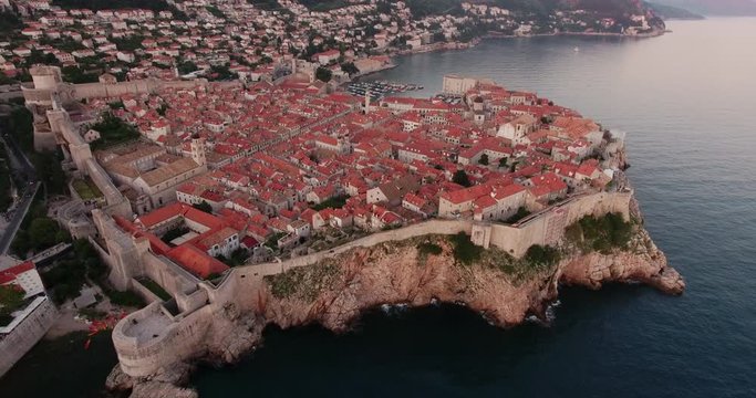 Aerial Drone Shot of Dubrovnik Croatia Buildings and Architecture At Sunset 