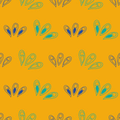 Vector seamless pattern ginko wax with blue and turquoise ginkgo leaves and yellow background
