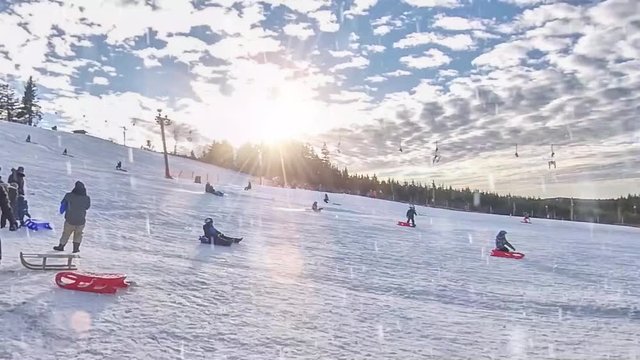 Families have fun sledding. Snow lies on the mountain Kappe in Winterberg...It's snowing...
