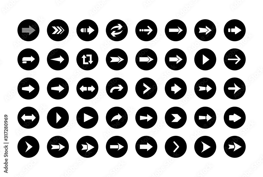 Poster Arrows buttons in round shape. Set of flat icons, signs, symbols arrow for interface design, web and mobile apps.