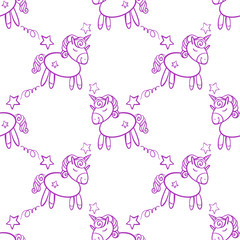 Cute seamless pattern with little cartoon pony and stars, vector texture