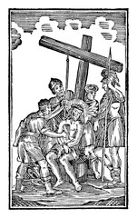 Antique vintage biblical religious engraving or drawing of 10th or tenth Station of the Cross or Way of the Cross or Via Crucis. Jesus is stripped of his clothes.Bible,New Testament,Mittlerer