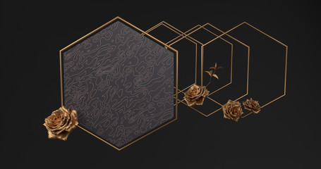 Rose gold material on a black hexagon abstract shape with golden patterns on a black background.3d rendering.