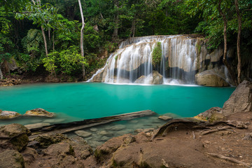 Beautiful natural scenic of Erawan waterfall tier two with emerald green pond named Wang Mutcha in Kanchanaburi, Thailand