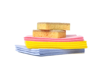 Sponges and rags for cleaning isolated on white background