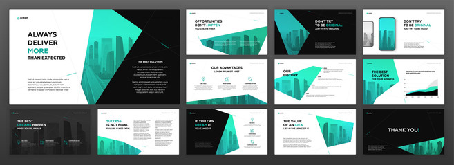 Modern powerpoint presentation templates pack for business and construction with cityscape vector illustration on background. Brochure design, annual report, social media banner, leaflet. - obrazy, fototapety, plakaty