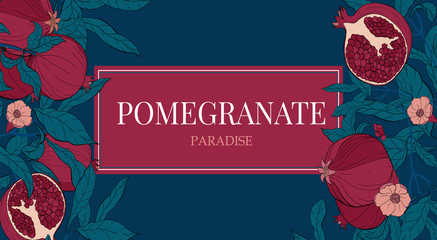 Vector vertical banners with with pomegranate fruits on blue background.