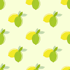 Seamless pattern of lemons and limes citrus fruits with on a yellow background. Vector with swatch.