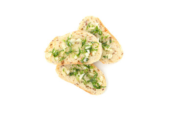 Toasted bread slices with garlic isolated on white background