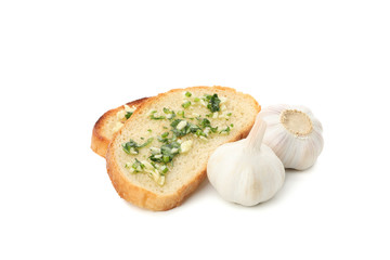 Toasted bread slices with garlic isolated on white background