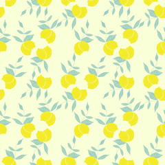 Seamless pattern of three pairs of lemons with leaves with light yellow  background. Vector with swatch.
