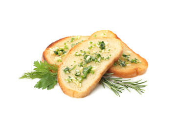 Toasted bread slices with garlic isolated on white background