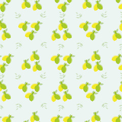 Seamless pattern of lemons and limes citrus fruits on a green blue background. Vector with swatch.