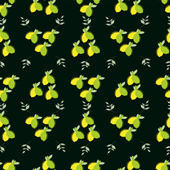 Seamless pattern of lemons and limes citrus fruits on a black  background. Vector with swatch.