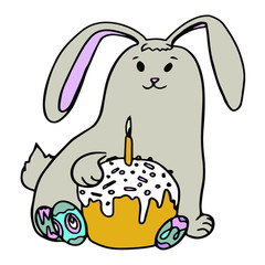 Cute grey bunny with easter cake and eggs. Hand drawn vector stock illustration. Isolated on white background. Ester rabbit. Copy space.Trendy. Design for Easter poster, design,card. Clip art.