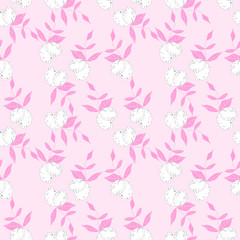 Seamless pattern of three pairs of white outlined lemons with leaves in pink with light pink background. Vector with swatch.