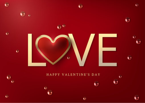 Happy Valentines Day greeting card. Realistic 3d gold metallic hearts and text on red background. Love and wedding. Template for products, web banners and leaflets. Vector