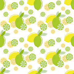 Seamless pattern of lemons and limes citrus fruits with fruit slices on a white background. Vector with swatch.