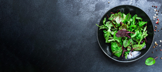 Healthy salad, leaves mix salad (mix micro greens, juicy snack). food background - copy space