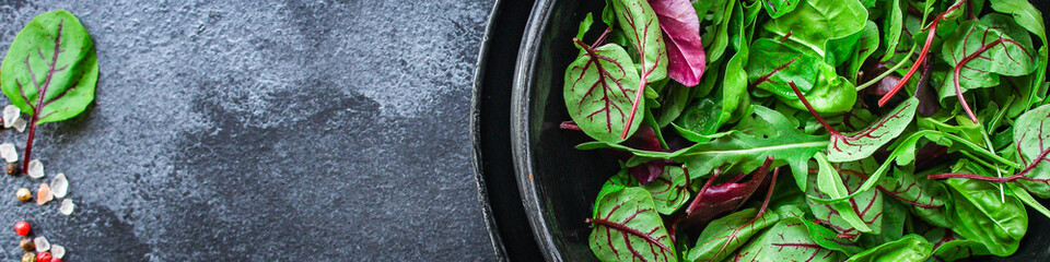 Healthy salad, leaves mix salad (mix micro greens, juicy snack). food background - copy space